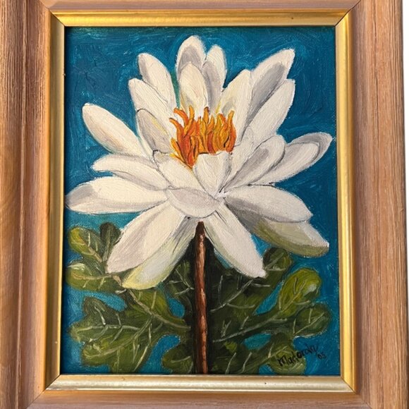 Vtg Framed Hand-Painted Water Lily Art on Canvas Panel, Signed & Dated, Acrylic - Picture 9 of 10
